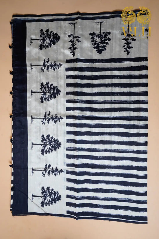 Tussar black and white stripes saree
