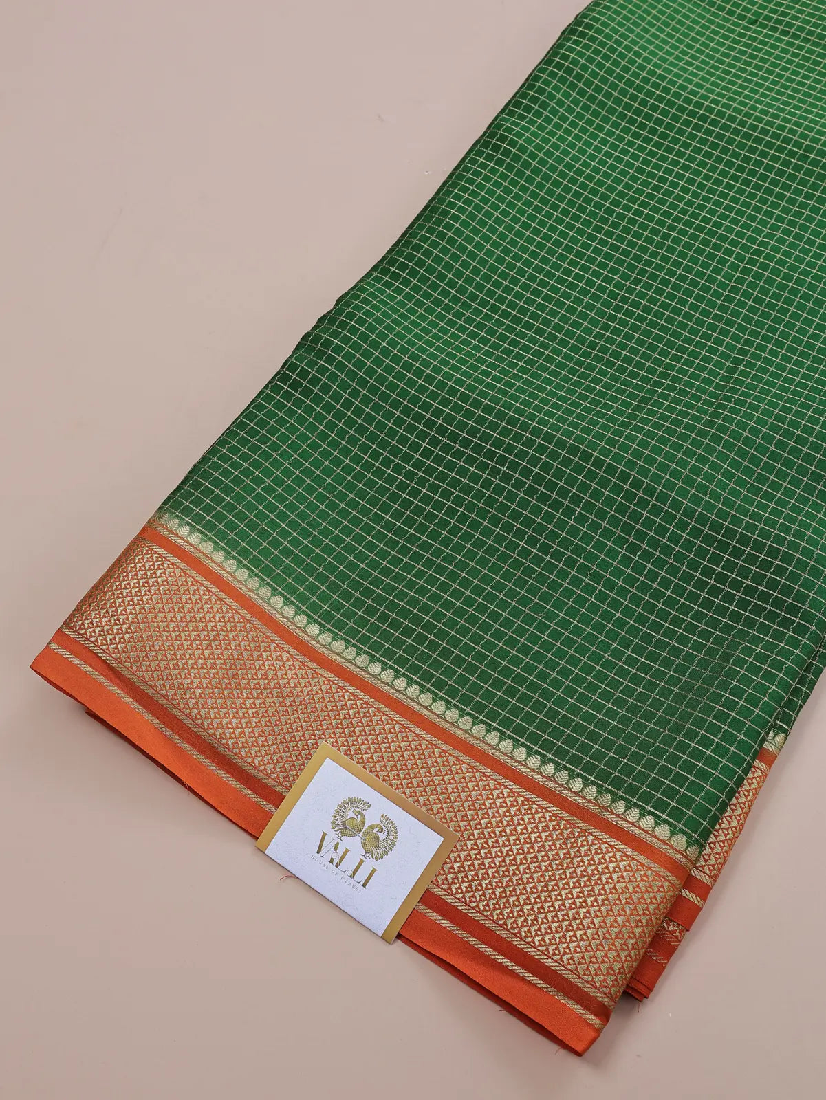 Checks Saree – Parrot Green with Orange Contrast
