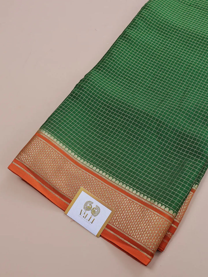 Checks Saree – Parrot Green with Orange Contrast