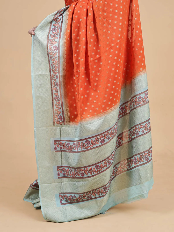 Soft Silk Saree – Orange with Gold Butta & Sea Green Kalamkari Border