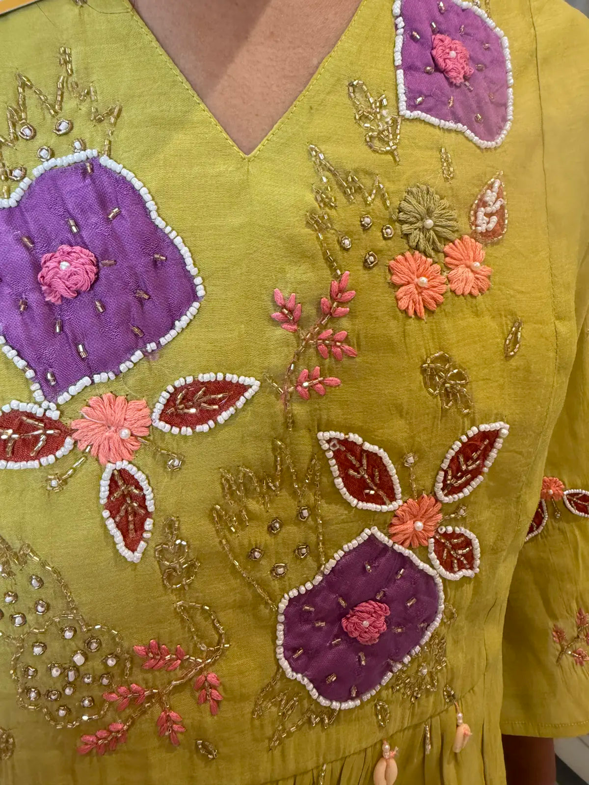 Lemon green  salwar set with pearl work v neck. A LINE SALWAR