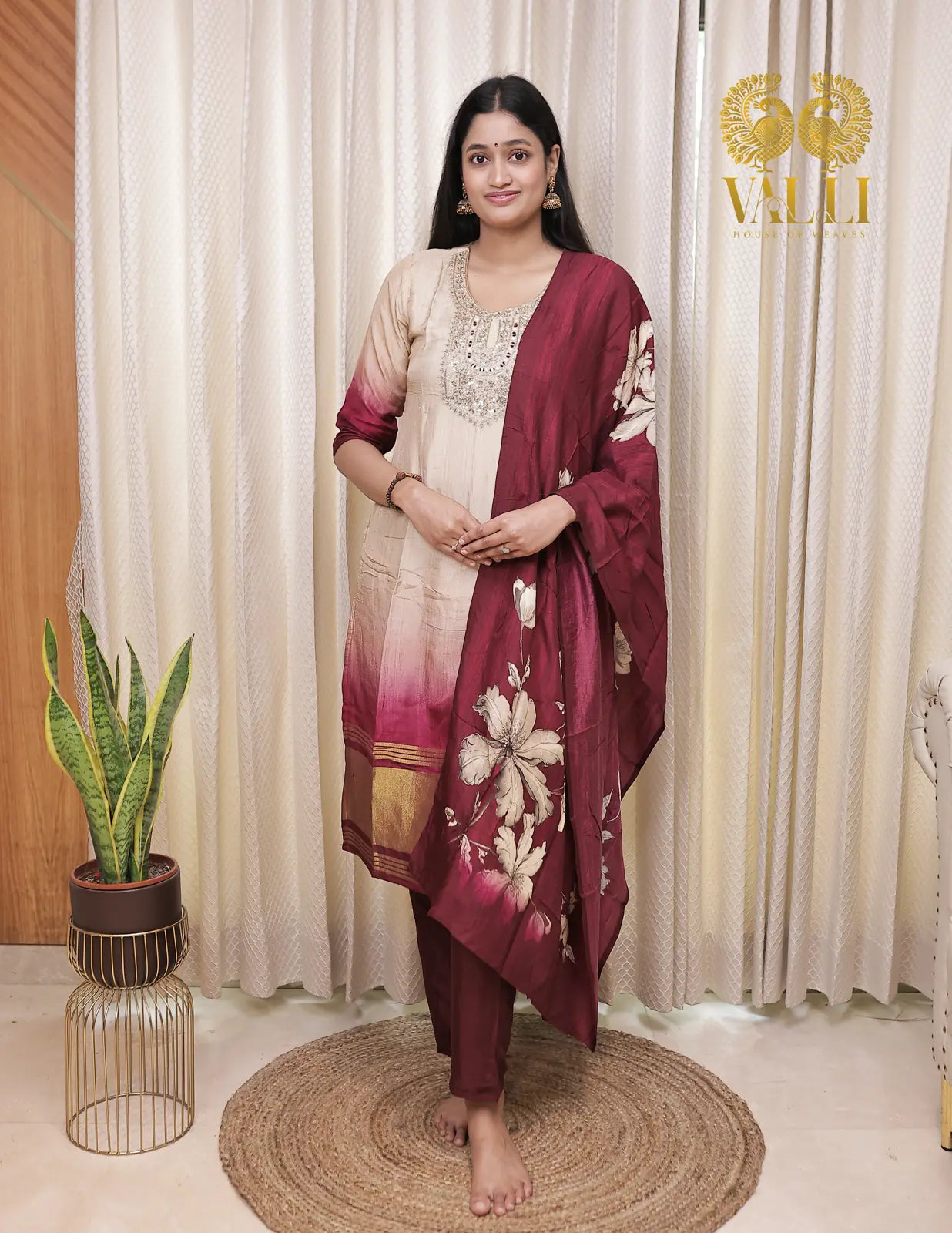 Beige  purple salwar set with zardosi neck work