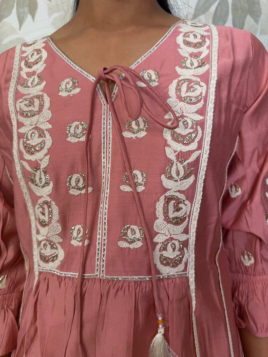 Peach Pink A-Line Salwar Set with Neck Embroidery