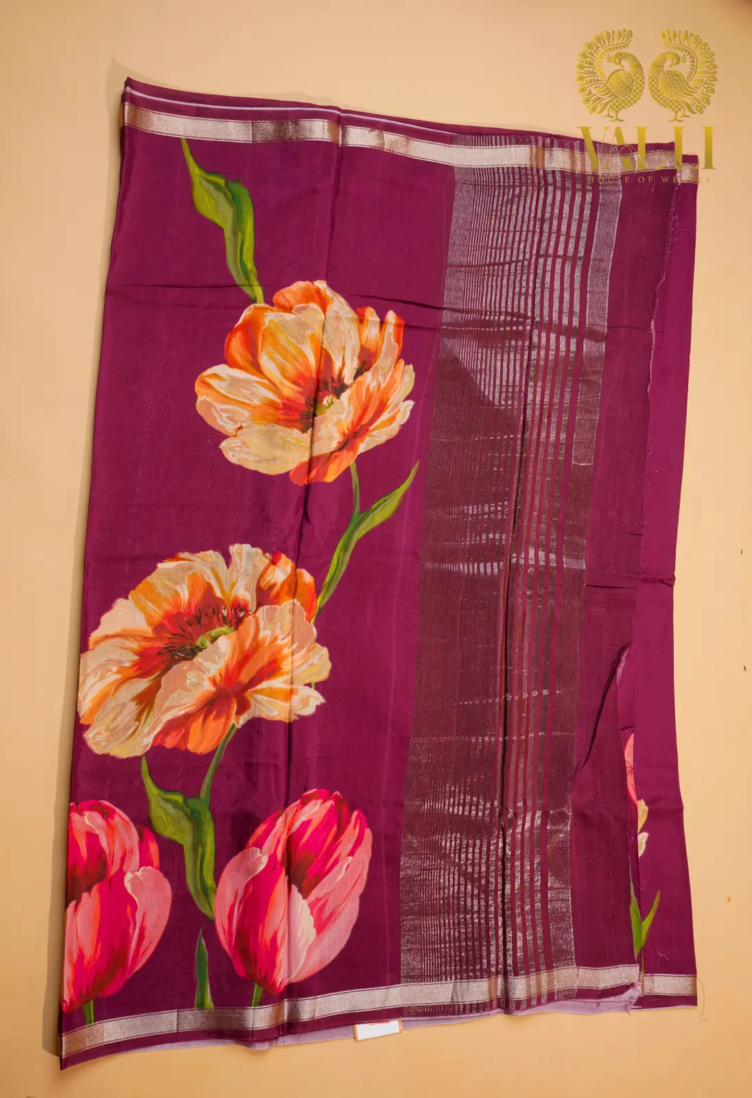 Pushpavalli Saree – Purple Cotton Viscose with Bold Floral Digital Print