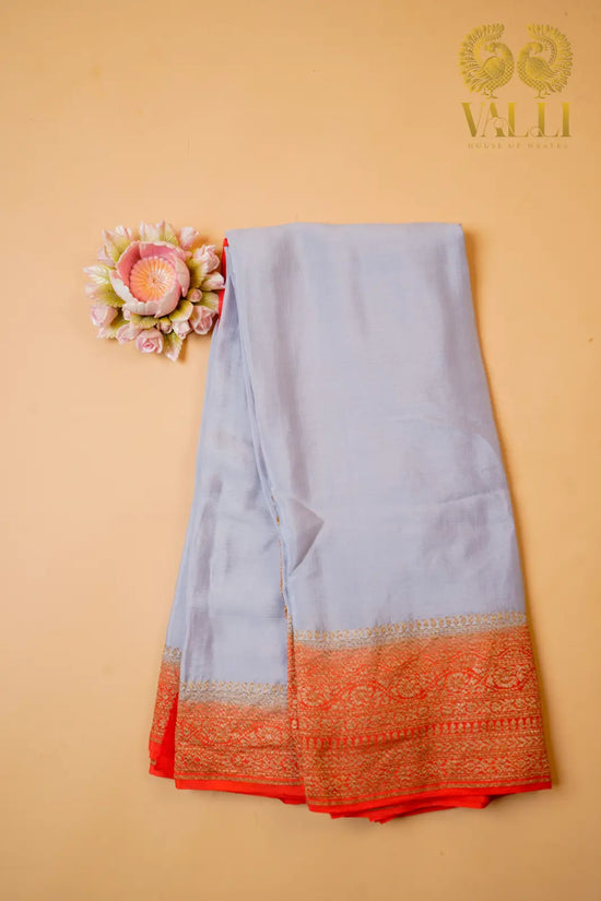 Grey Pure Georgette Banarasi Saree with Antique Zari Border & Red Brocade Blouse