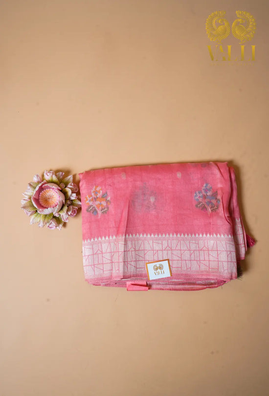 Peach Tussar Saree  Cross Stitch Motifs with Brocade Pallu & Blouse