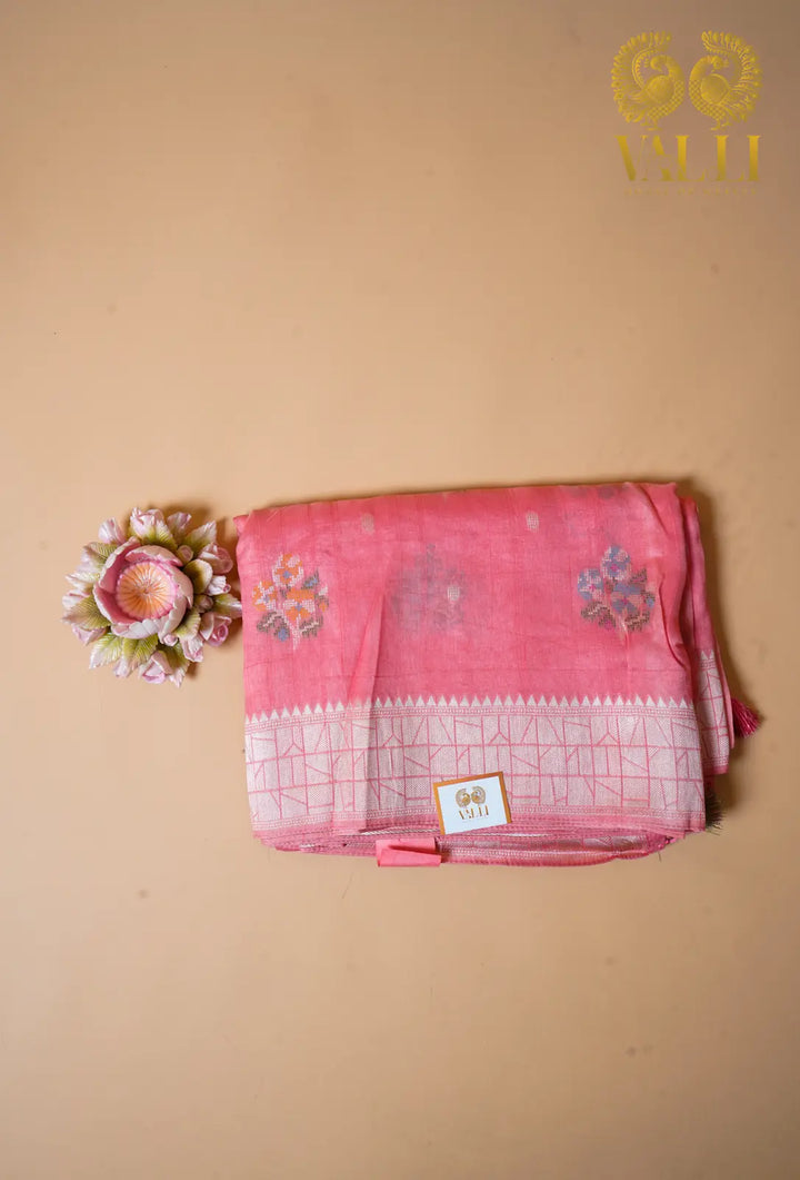 Peach Tussar Saree  Cross Stitch Motifs with Brocade Pallu & Blouse