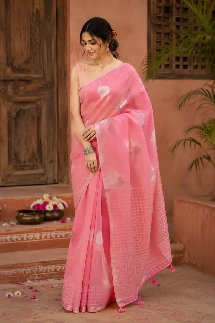 Candy Pink Munga Silk Saree with Silver Leaf Motifs ✨