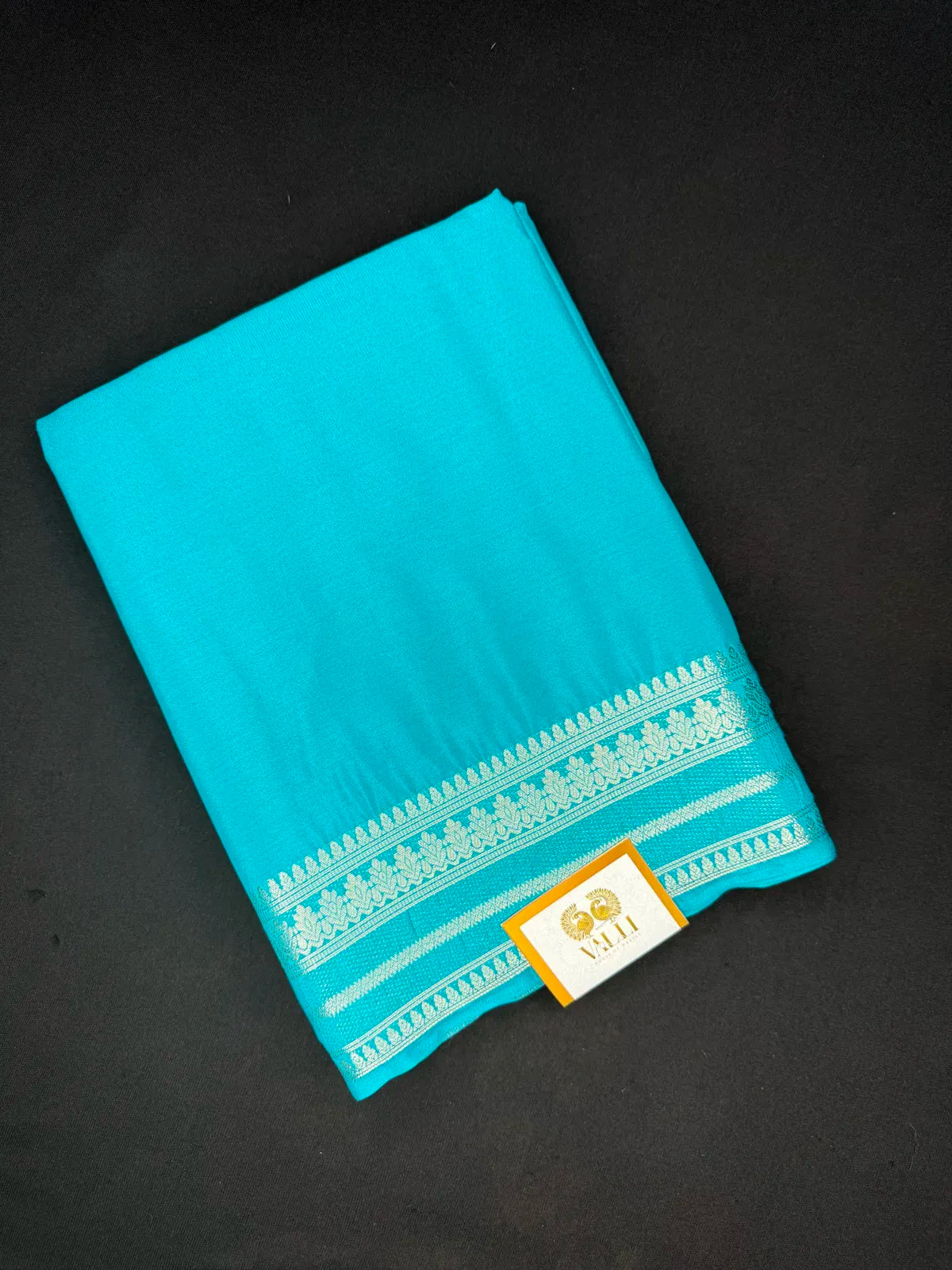 Border Semi Crepe Saree – Rama Blue Silk with Silver Zari Border & Stripe Pallu