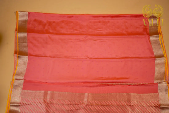 Peach Banarasi Crepe Silk Saree with Yellow Selvage
