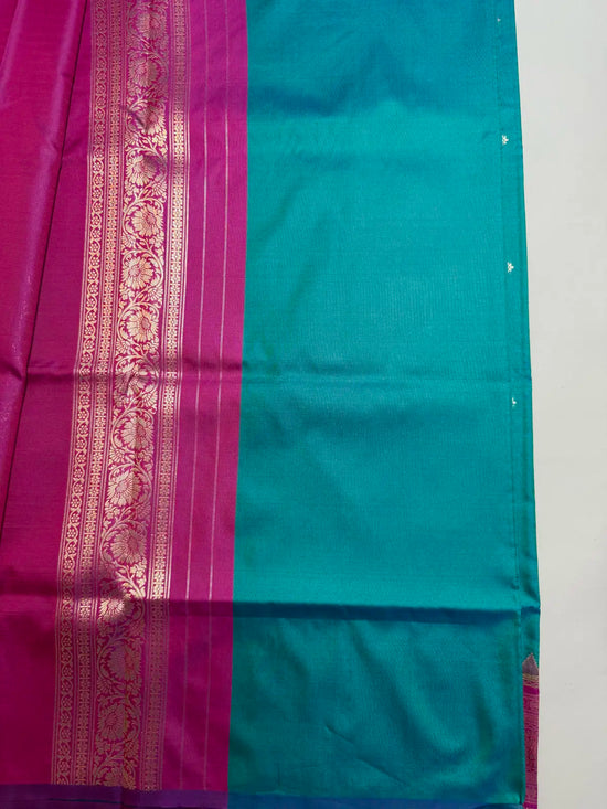 Kanchi soft silk saree peacock green with pink border 