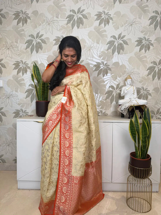 Semi Banarasi Saree in Pastel Yellow with Orange Pallu