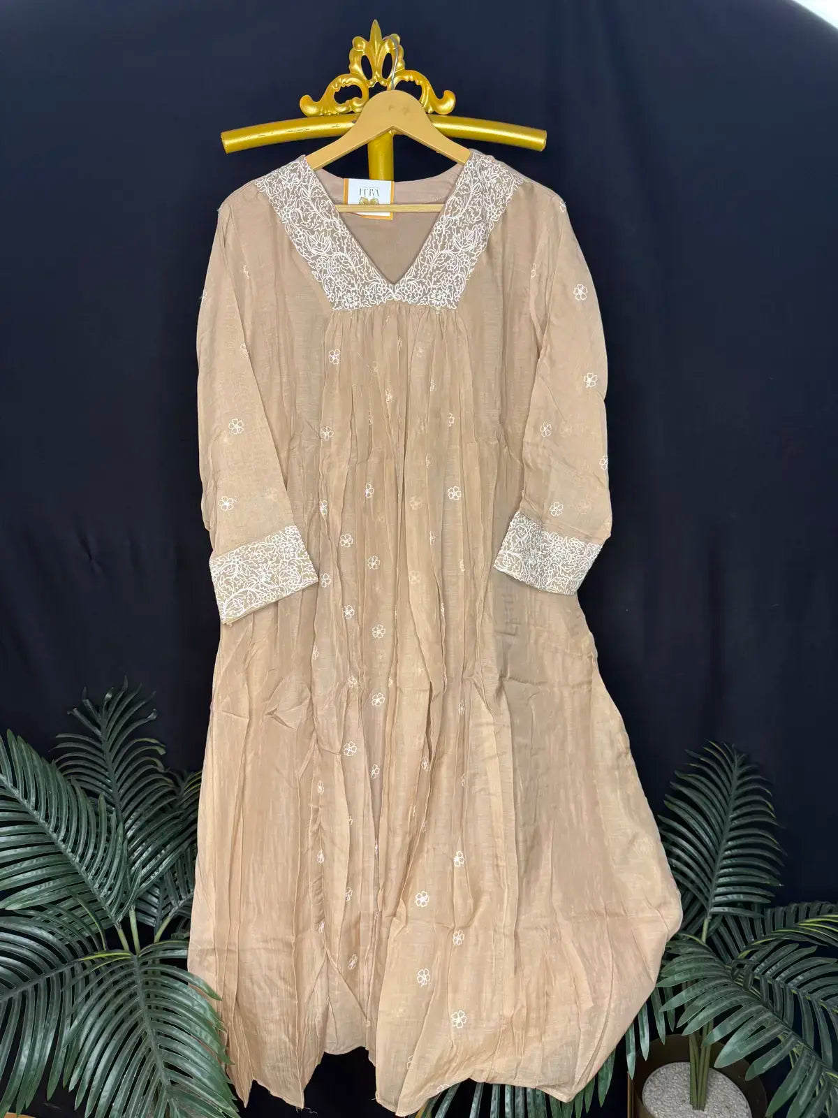 Mul mul cotton beige embroidery A line salwar