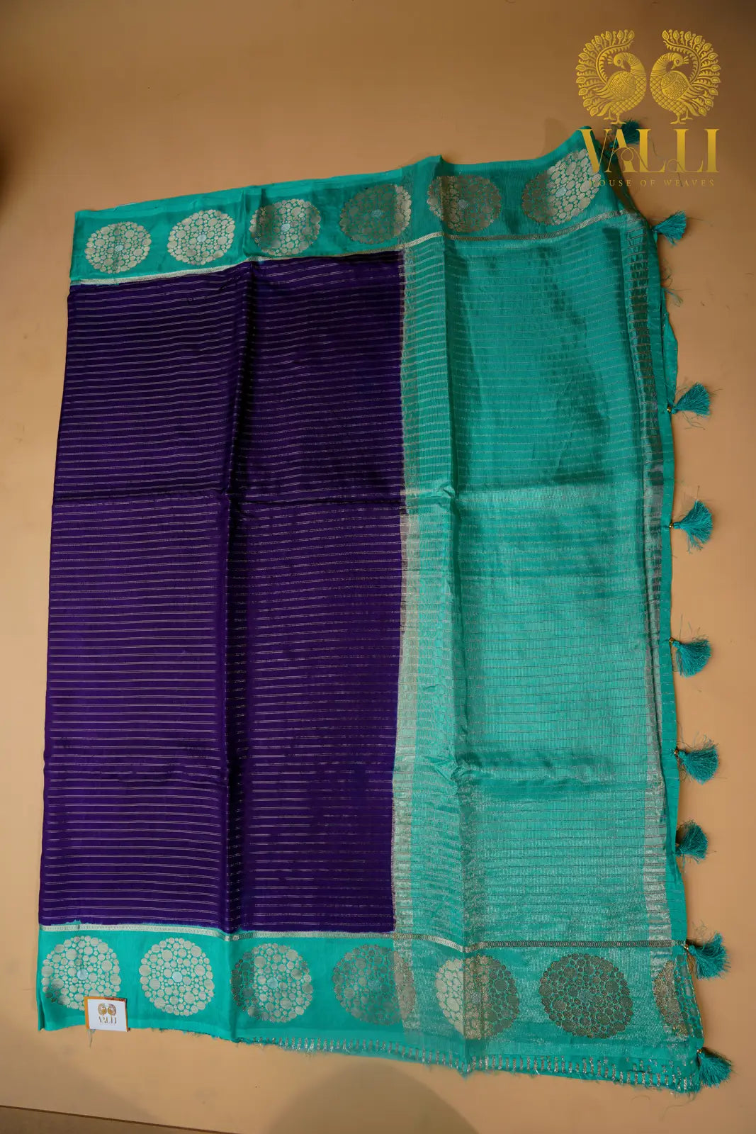 Fancy Dola Silk Saree with Gold Stripes – Royal Purple & Sea Green