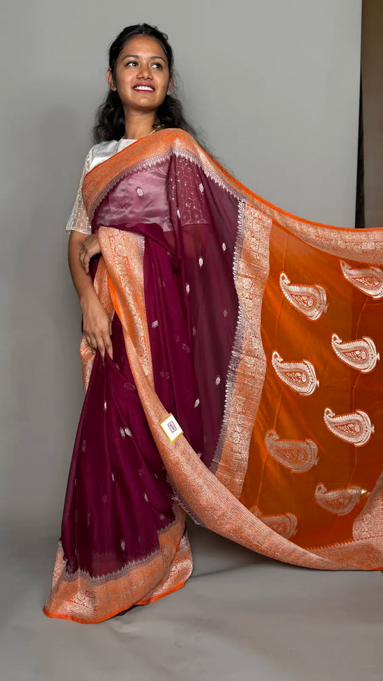 Maroon Chiffon Saree with Elegant Silver Zari Border