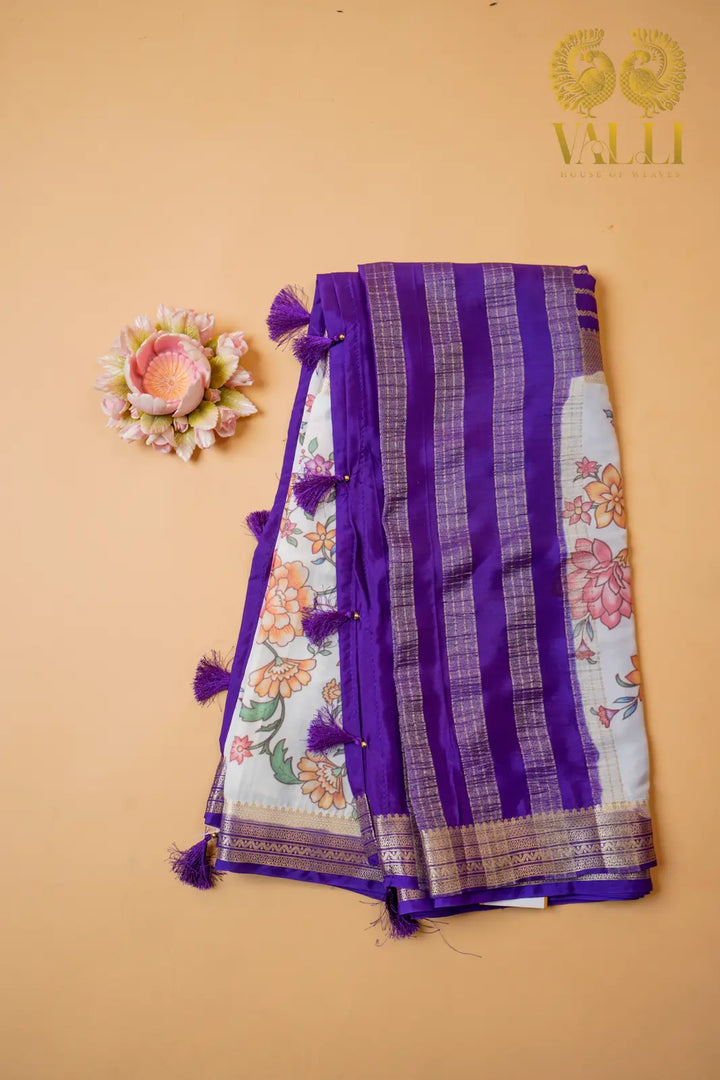 Digi Semi Crepe Saree with Purple Contrast Half-and-Half Pallu