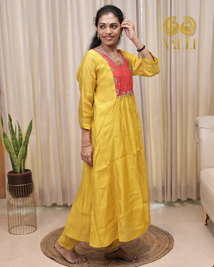 Mehendi green + red A line pattern salwar set