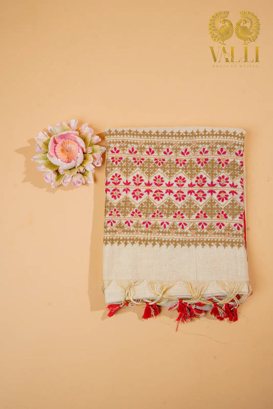 Tissue Linen Saree – Hand Knot Threadwork Pallu with Red Selvedge Border