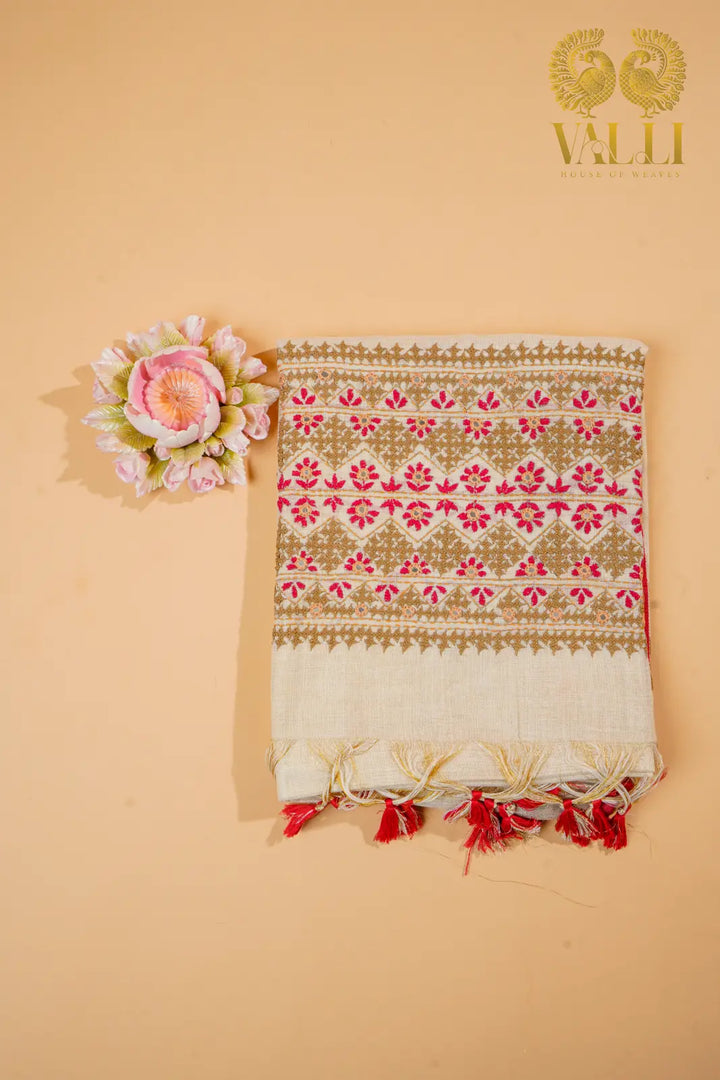 Tissue Linen Saree – Hand Knot Threadwork Pallu with Red Selvedge Border