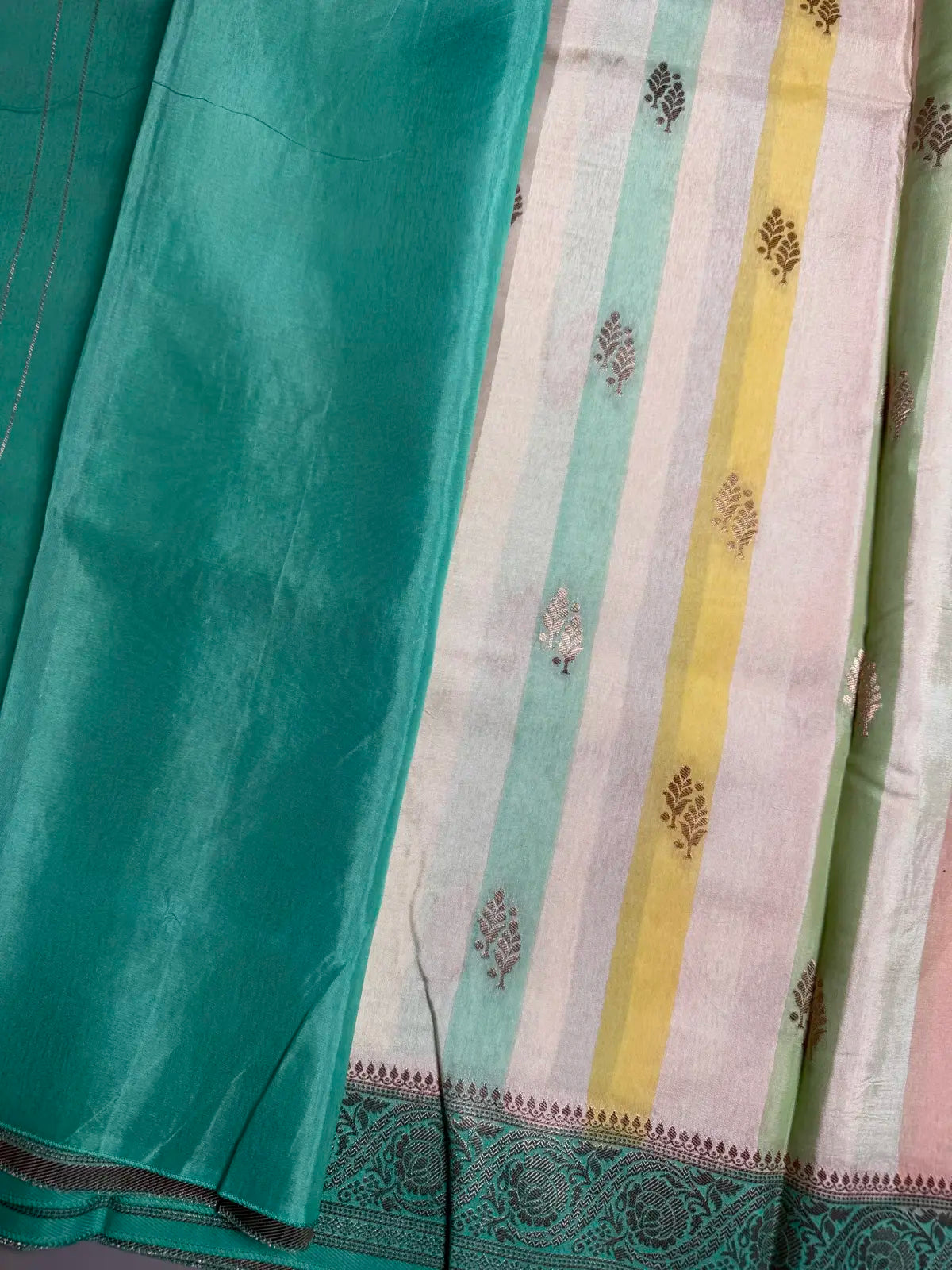 Pastel Striped Saree with Rama Green Border & Rich Brocade Pallu