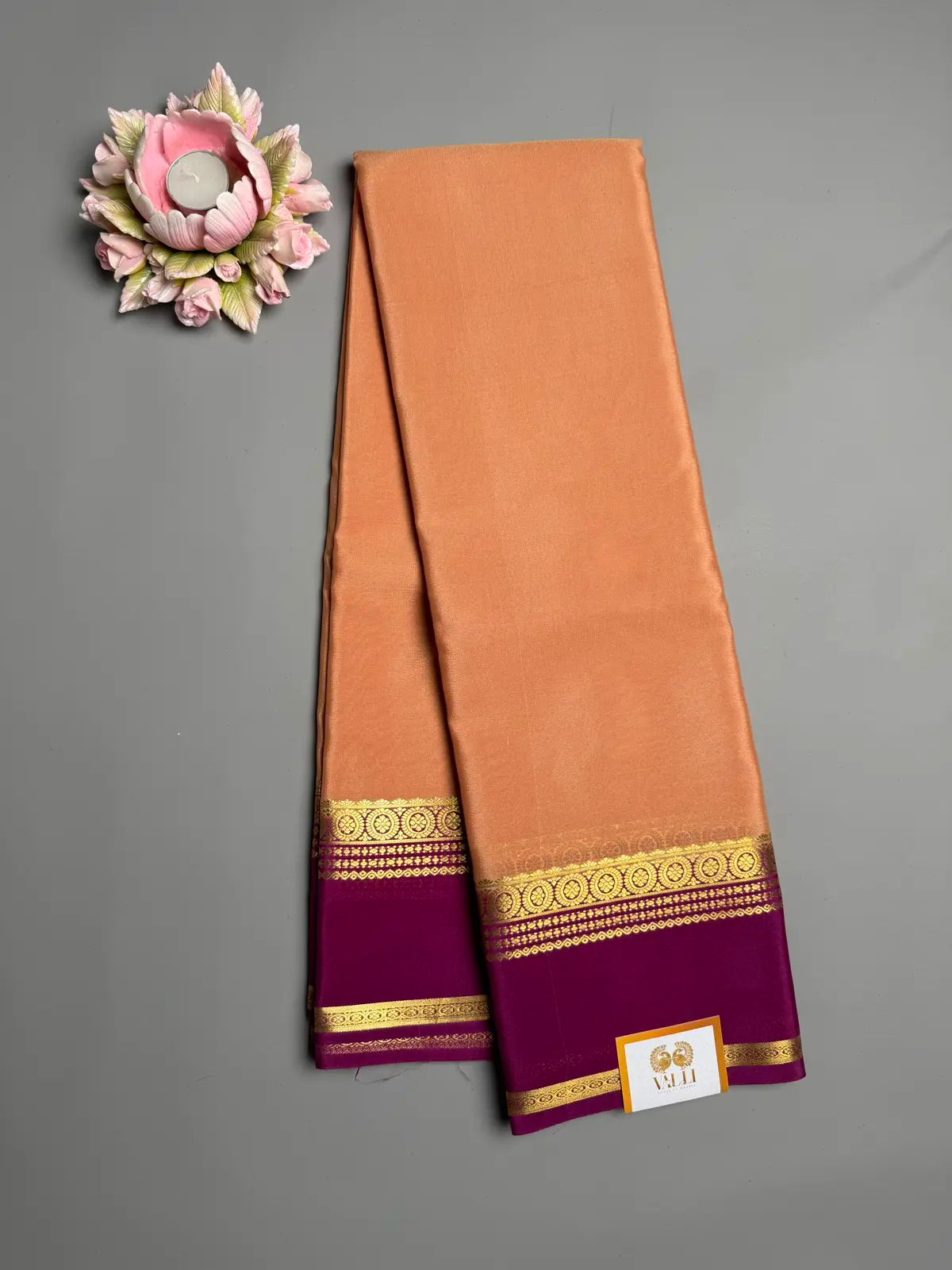 Chiku Mysore Crepe Silk Saree with Purple Contrast
