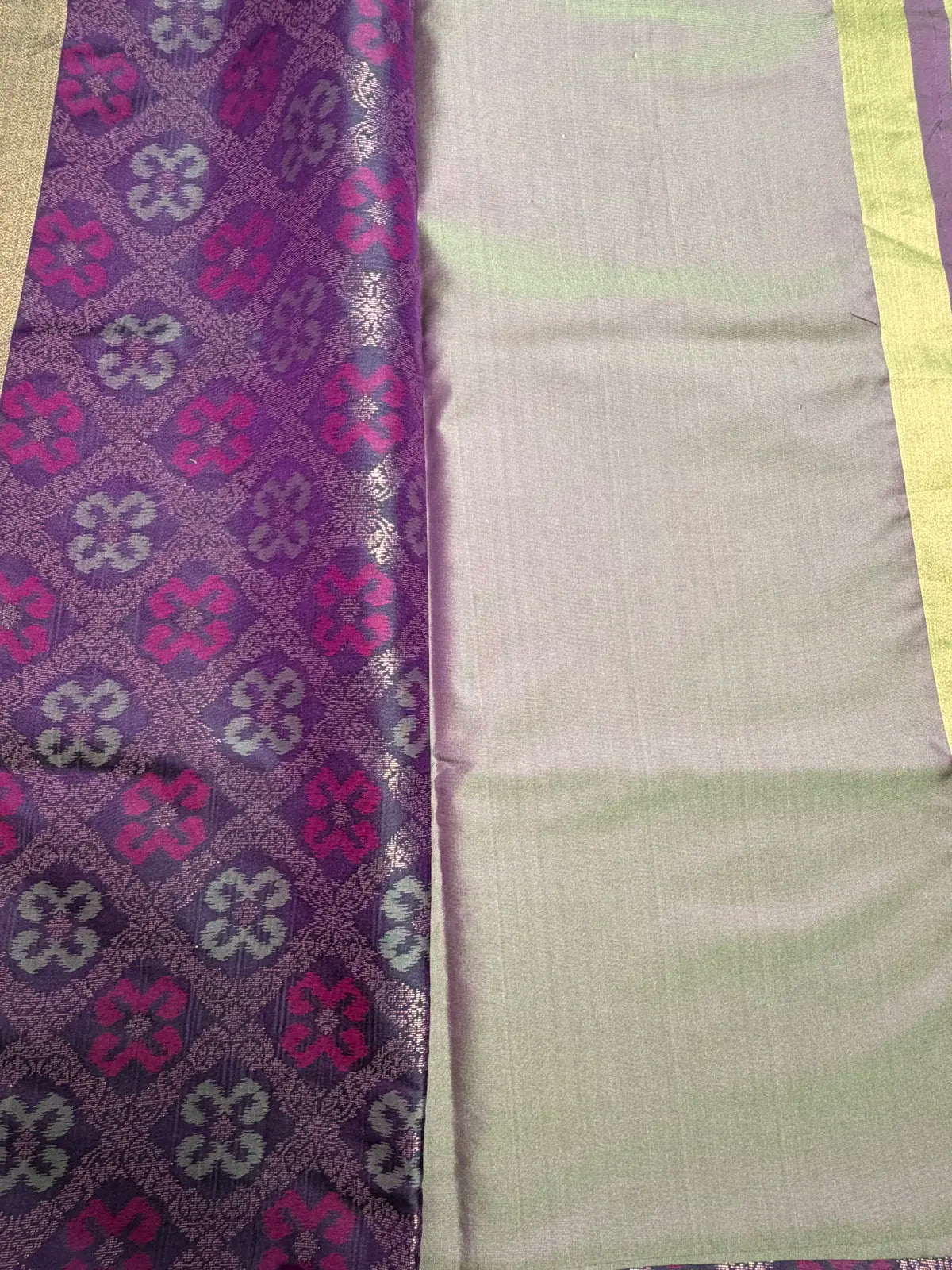 Olive Green Saree with Heavy Ikat Purple Pallu & Zari Border