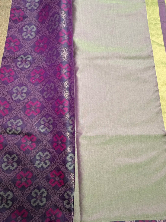 Olive Green Saree with Heavy Ikat Purple Pallu & Zari Border