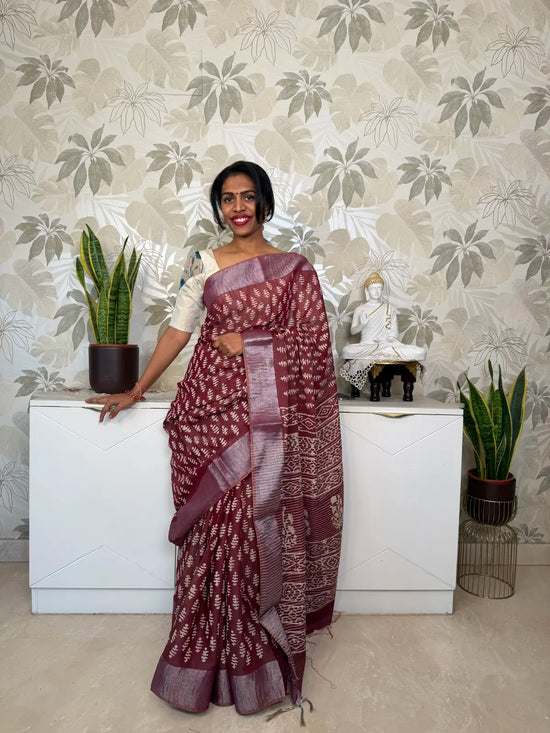 Maroon Cotton Saree with Block Print and Batik Pallu