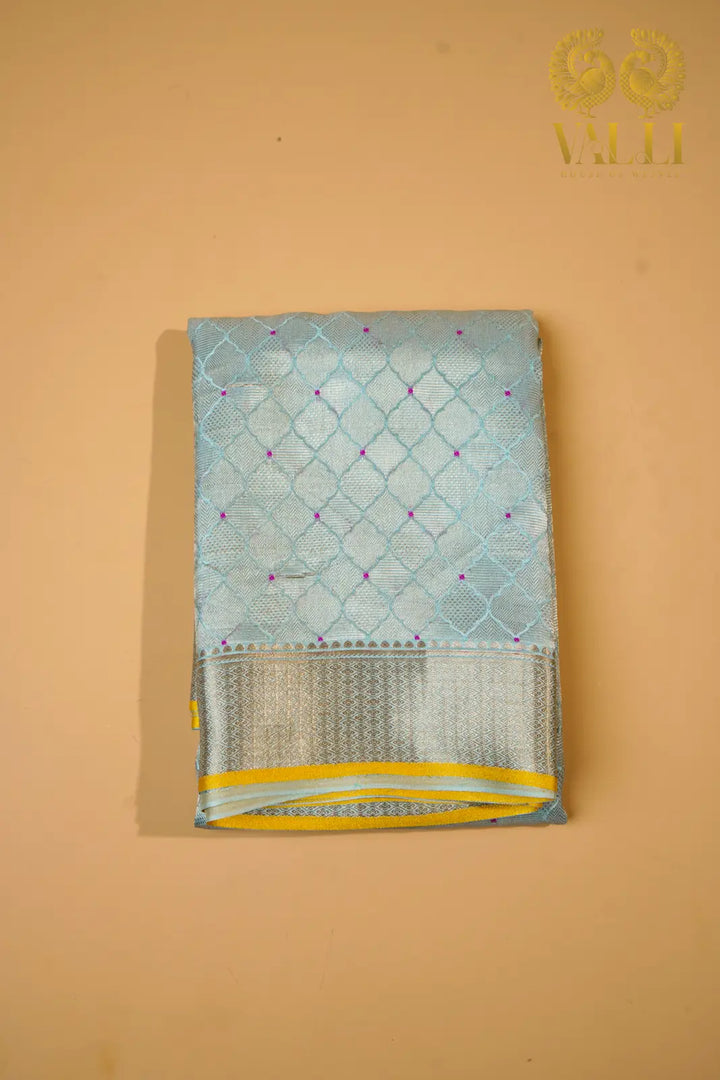 Powder Blue Banarasi Crepe Silk Saree with Yellow Selvage