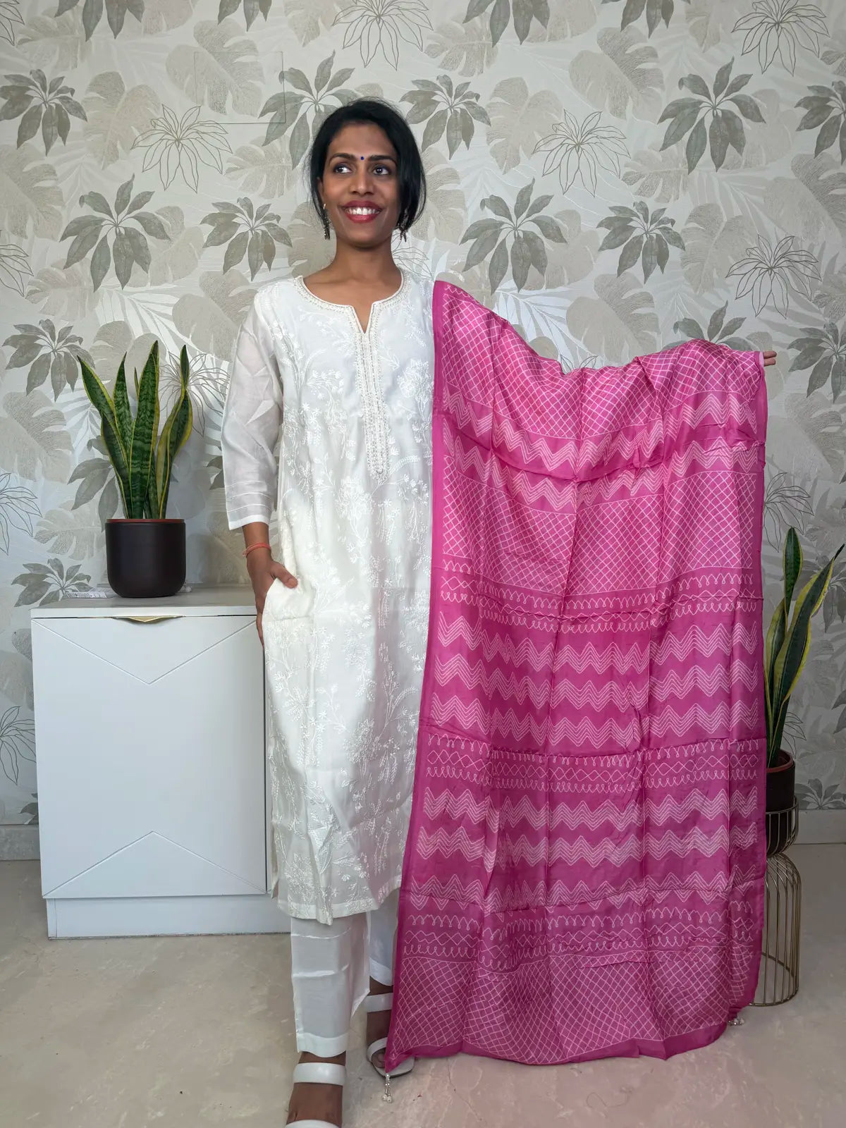 White Embroidered Salwar Set with Pink Shibori Dupatta