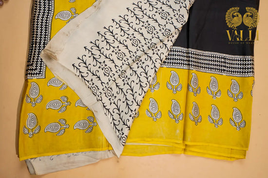 Black Modal Saree – Green Mango Motif Border with Beige Printed Blouse